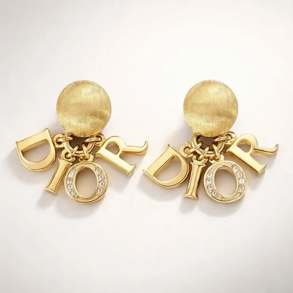 Dior VTG 90s D-I-O-R logo letter charm clip earrings, gold plated/crystals, EUC - Picture 1 of 13